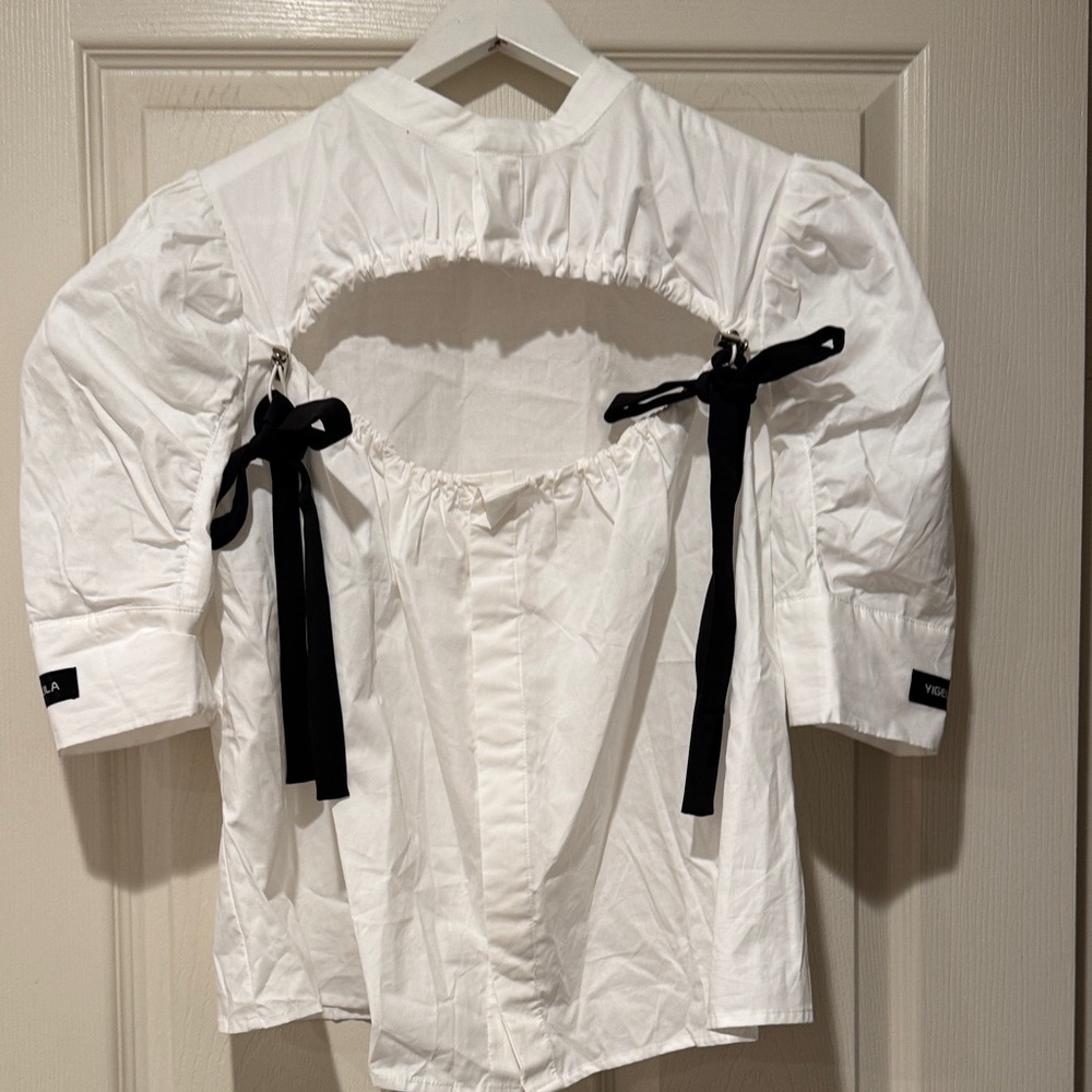 Elila White Blouse with Black Ribbon Accents